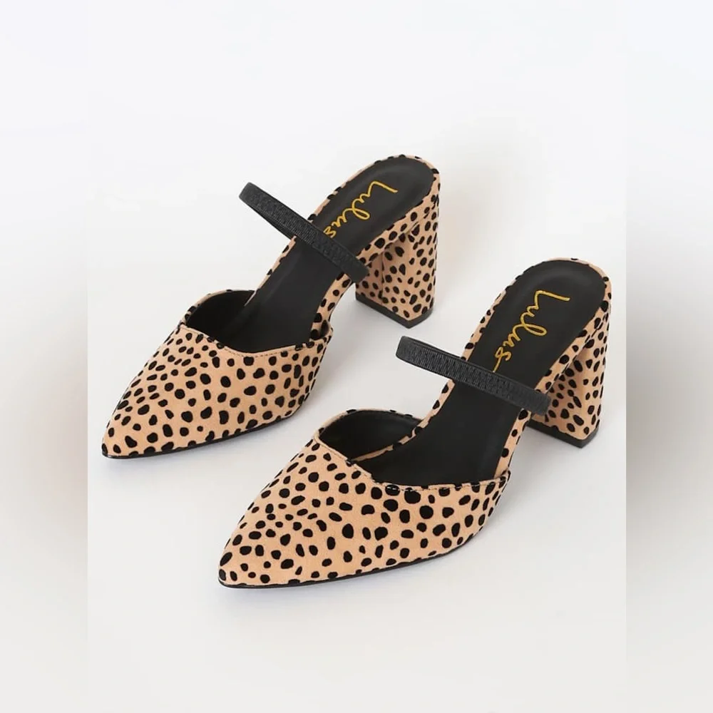 ⭐️ Lulus Maryna Black and Tan Cheetah Suede Pointed-Toe Mules Size 7.5 - Picture 2 of 9